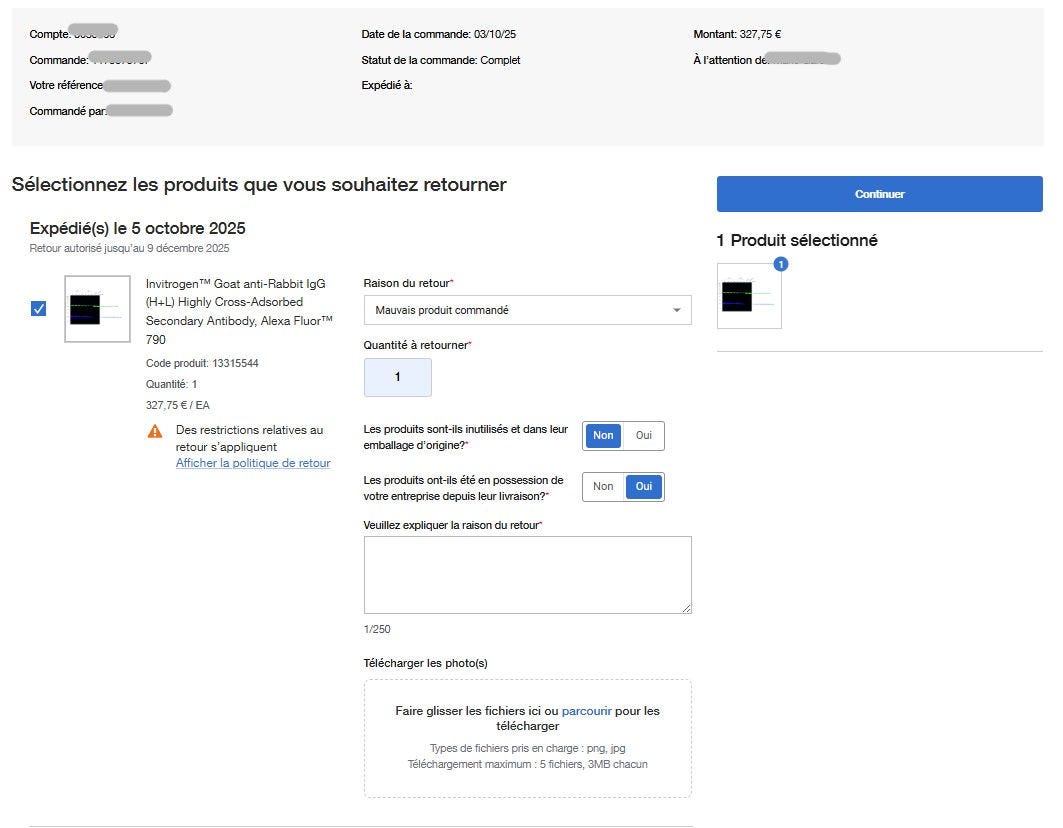 Select the Products You Wish to Return page on Fisher Scientific's website with shipping info, return eligibility, and return restrictions. Includes fields for reason, quantity, product condition, and photo upload. 'Continue' button at the top right.