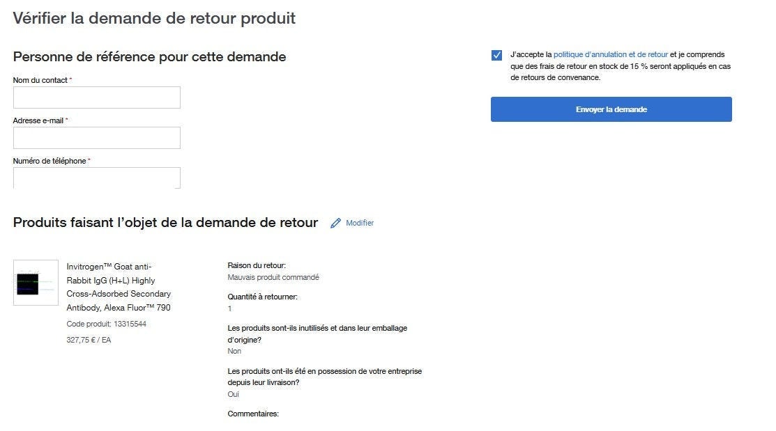Product Return Request Confirmation page on Fisher Scientific's website confirming the return request. Includes order information, contact details, and product return details. 'Continue Shopping' button is present.
