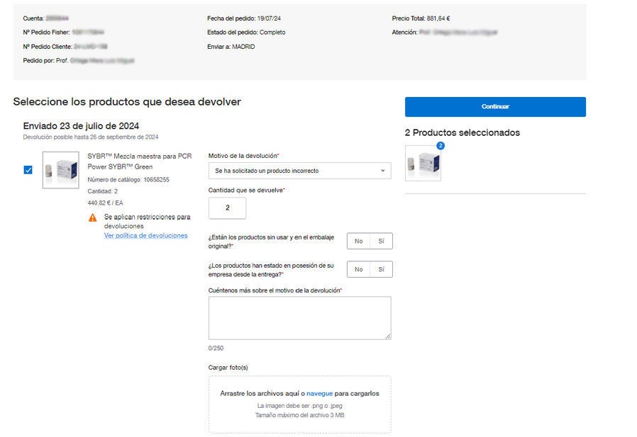 Select the Products You Wish to Return page on Fisher Scientific's website with shipping info, return eligibility, and return restrictions. Includes fields for reason, quantity, product condition, and photo upload. 'Continue' button at the top right.