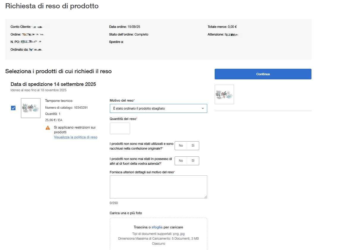Product Return Request Confirmation page on Fisher Scientific's website confirming the return request. Includes order information, contact details, and product return details. 'Continue Shopping' button is present.