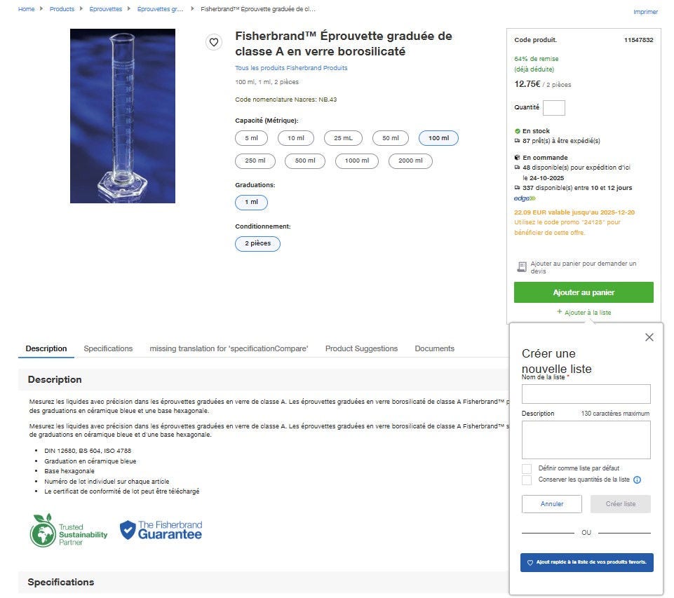 Product page on Fisher Scientific's website for Fisherbrand Comfort Nitrile Gloves with Aloe and Chamomile. Includes an image, product title, size options, pricing, stock status, and buttons for adding to cart or list. Tabs for description, specifications, and product suggestions are present.