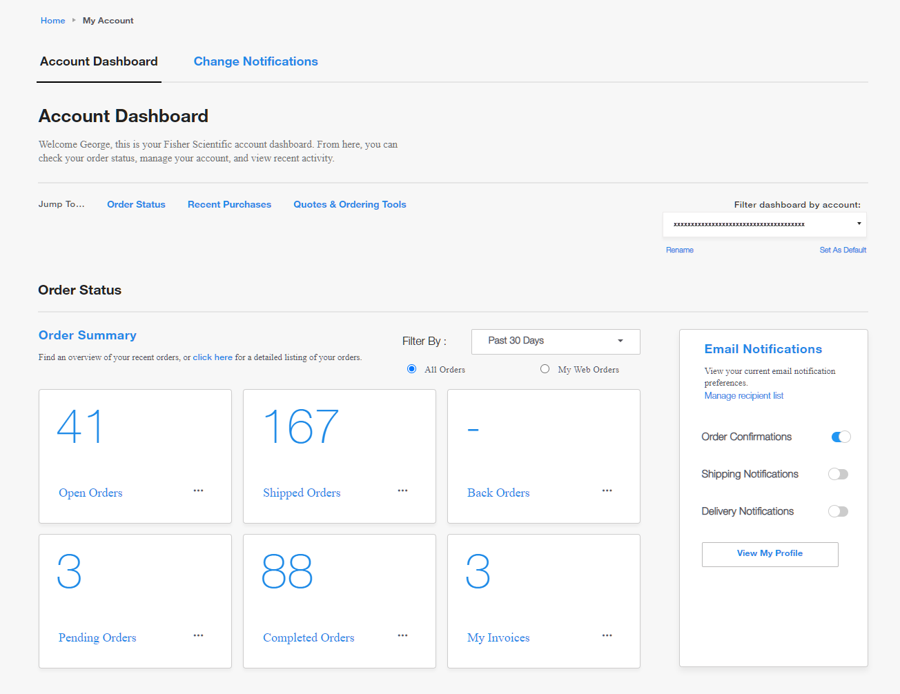 Account Dashboard on Fisher Scientific's website with options to check order status, manage account, and view recent activity. Includes navigation links and summary cards for order status and email notification settings.