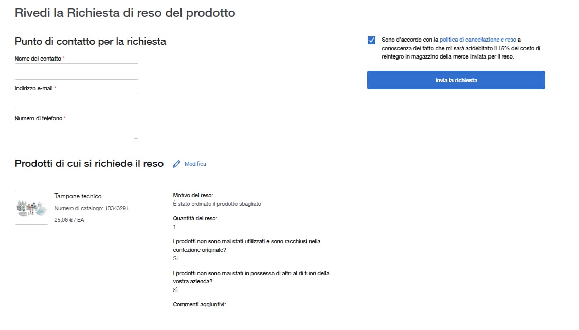 Select the Products You Wish to Return page on Fisher Scientific's website with shipping info, return eligibility, and return restrictions. Includes fields for reason, quantity, product condition, and photo upload. 'Continue' button at the top right.