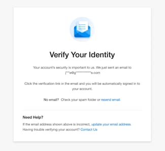 Verify Your Identity page with an envelope icon. Informs user that an email has been sent for verification.