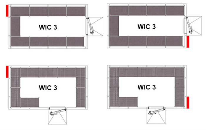 Figure 2 : Options pour l'emplacement du conditionneur et de la porte sur une chambre BINDER™ modèle WIC 3